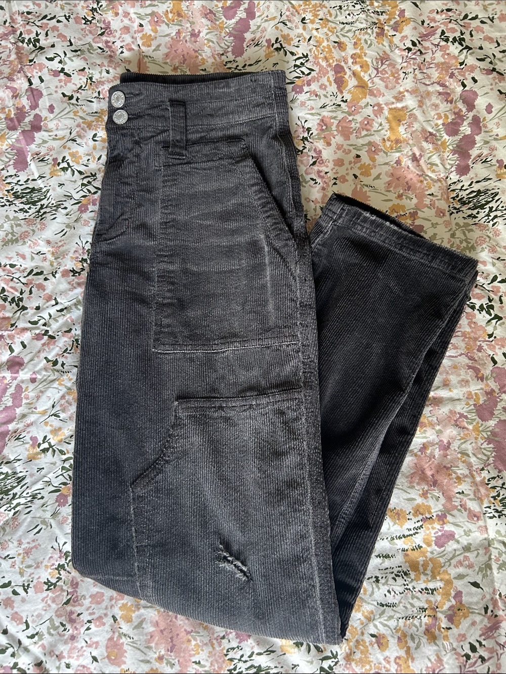 EUC Anthropologie Pilcro The Wanderer Distressed Corduroy Pants in Charcoal Gray